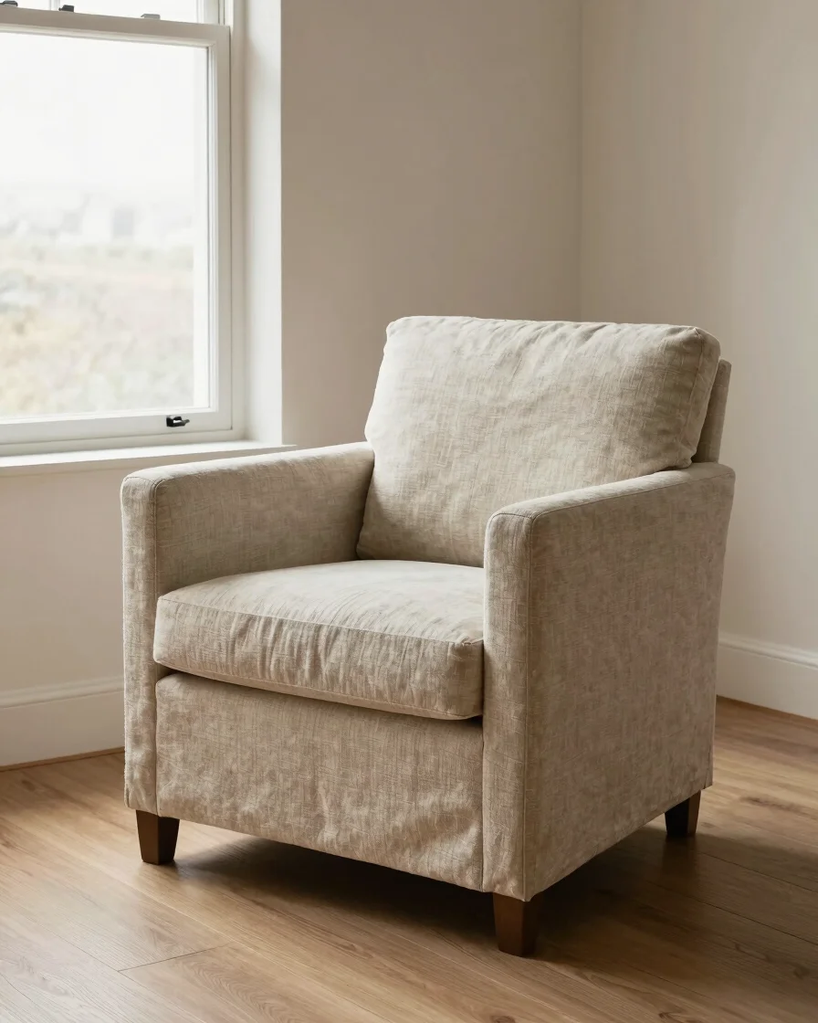 Editorial interior product photograph, a linen-upholstered armchair beside a window with soft natural light, restrained