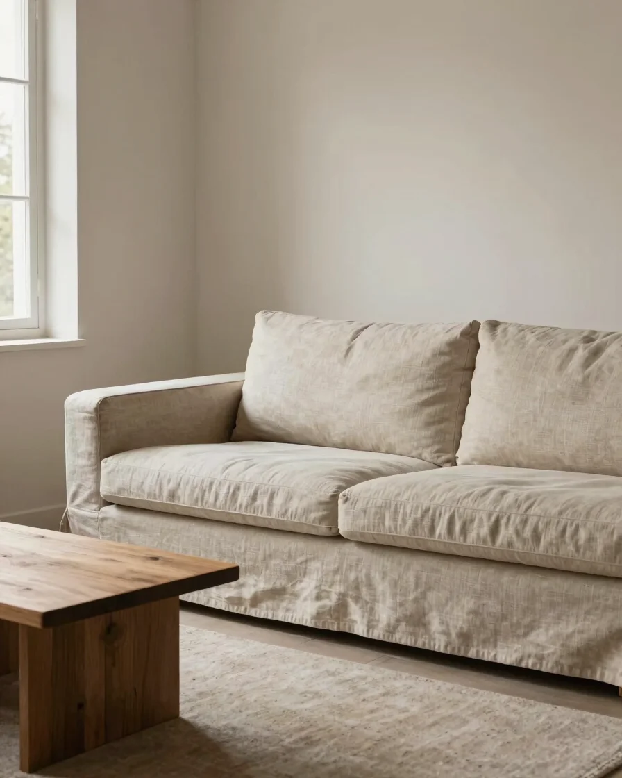 Wide editorial interior view of a calm living room with a low linen sofa and oak side table, soft natural window light f